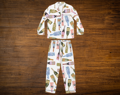 Girly Champagne Bottles - Long Silky Two Piece Pajama Set