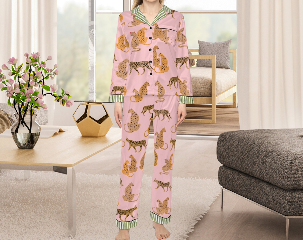 Pink Leopard Pattern - Long Silky Two Piece Pajama Set