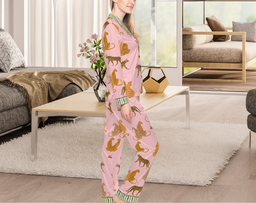 Pink Leopard Pattern - Long Silky Two Piece Pajama Set