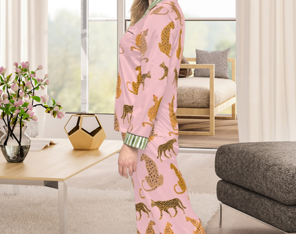 Pink Leopard Pattern - Long Silky Two Piece Pajama Set