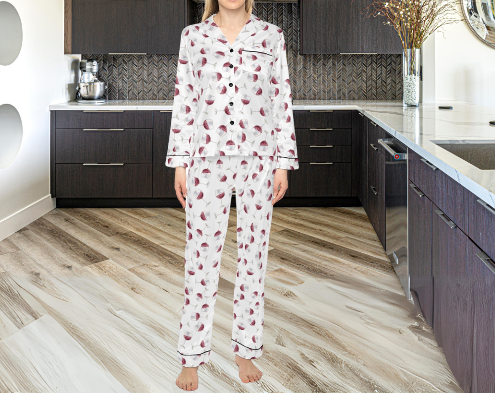 Red Wine Glass - Long Silky Two Piece Pajama Set