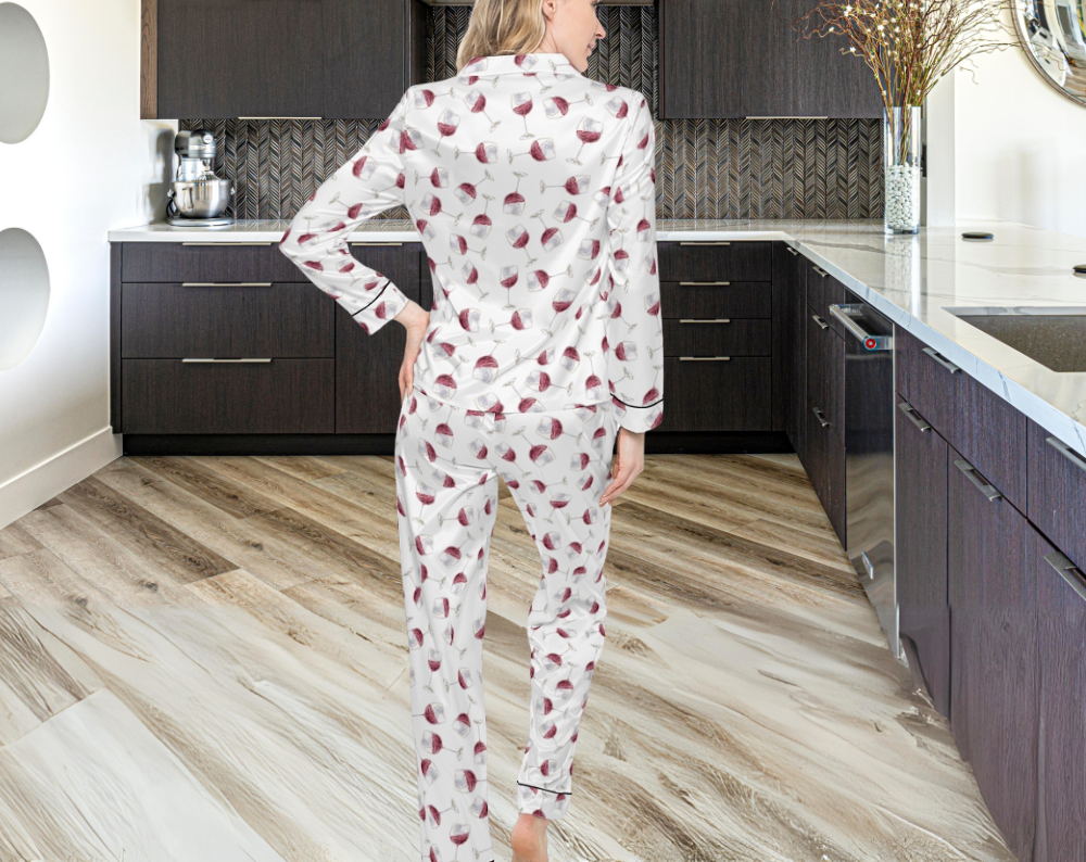 Red Wine Glass - Long Silky Two Piece Pajama Set