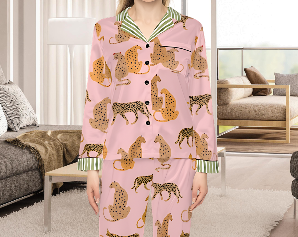 Pink Leopard Pattern - Long Silky Two Piece Pajama Set