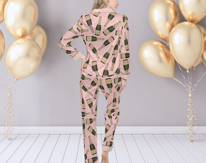 Retro Champagne Bottles - Long Silky Two Piece Pajama Set