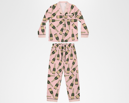 Retro Champagne Bottles - Long Silky Two Piece Pajama Set