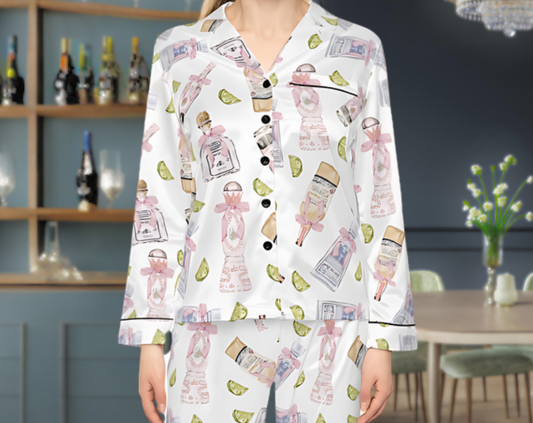 Coquette Tequila Bottles - Long Silky Two Piece Pajama Set