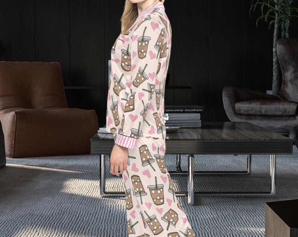 Girly Iced Coffee - Long Silky Two Piece Pajama Set